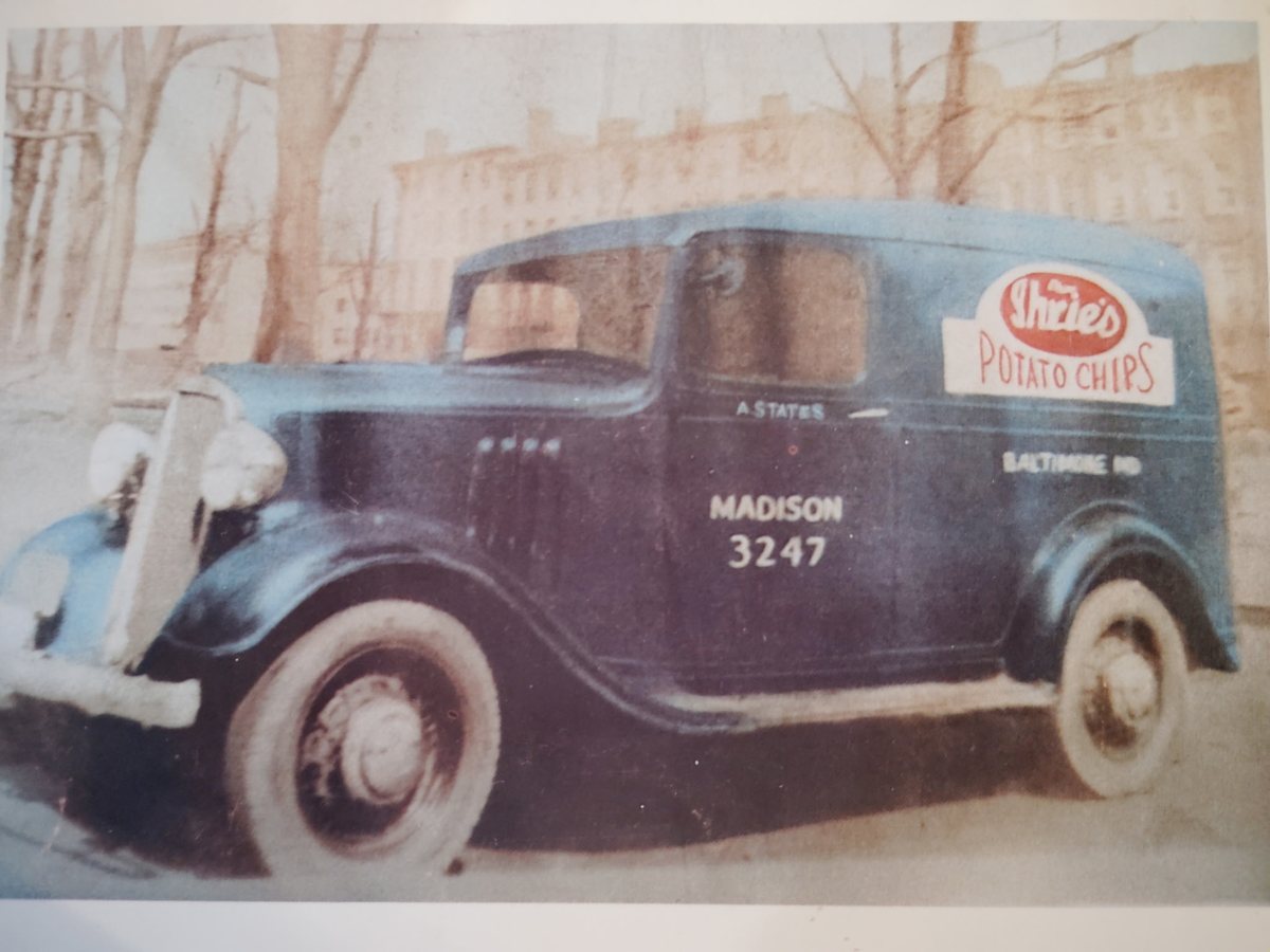 A Mrs. Ihrie's Potato Chips panel delivery truck, lettered Madison 3247, Baltimore Maryland